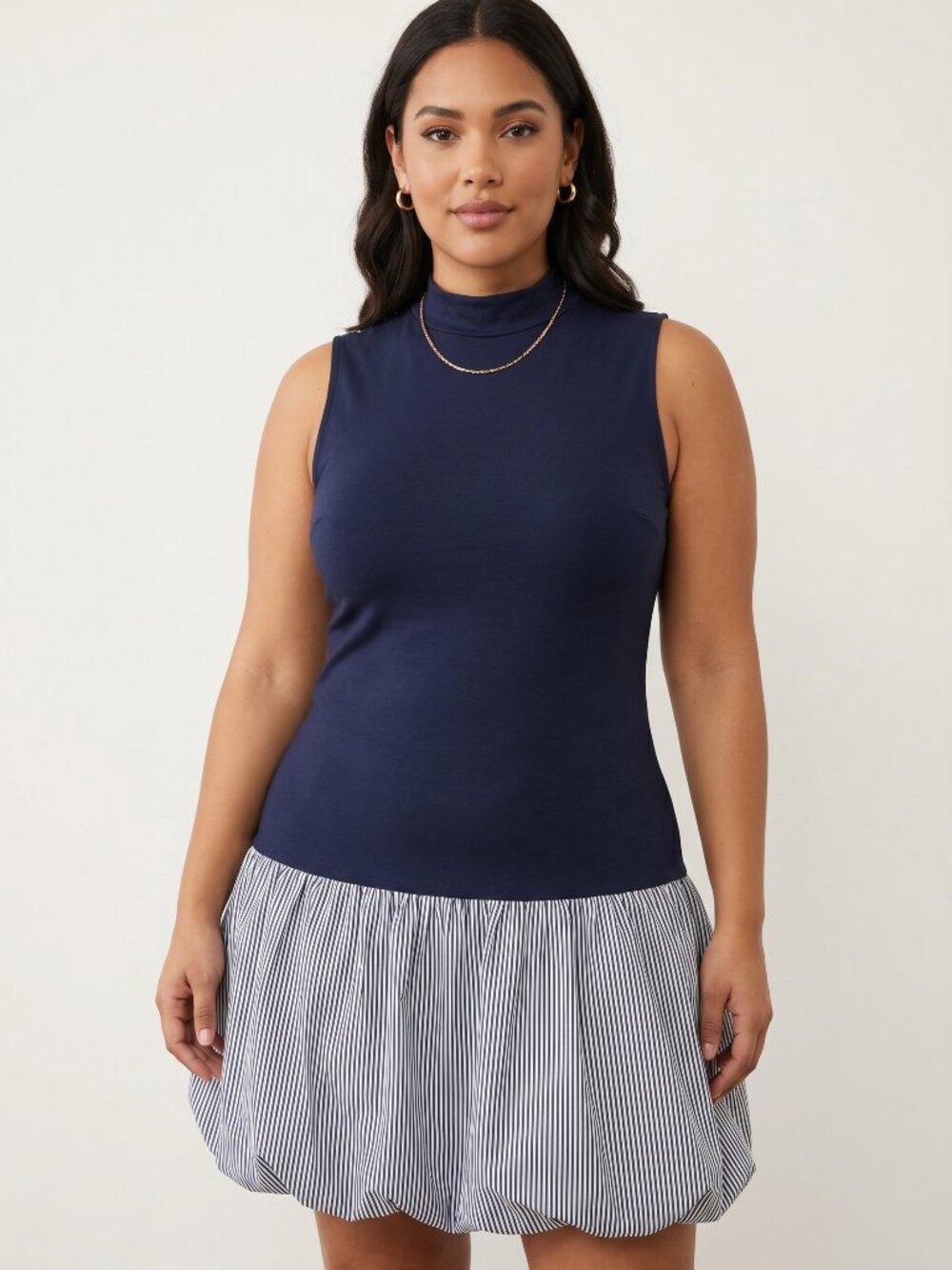 Fashion Nova Maxine Mock Neck Striped Bubble Dress Navy Combo Size XL Womens NWT